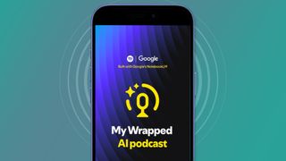 A phone on a green background showing the Spotify Wrapped 2024 AI podcast