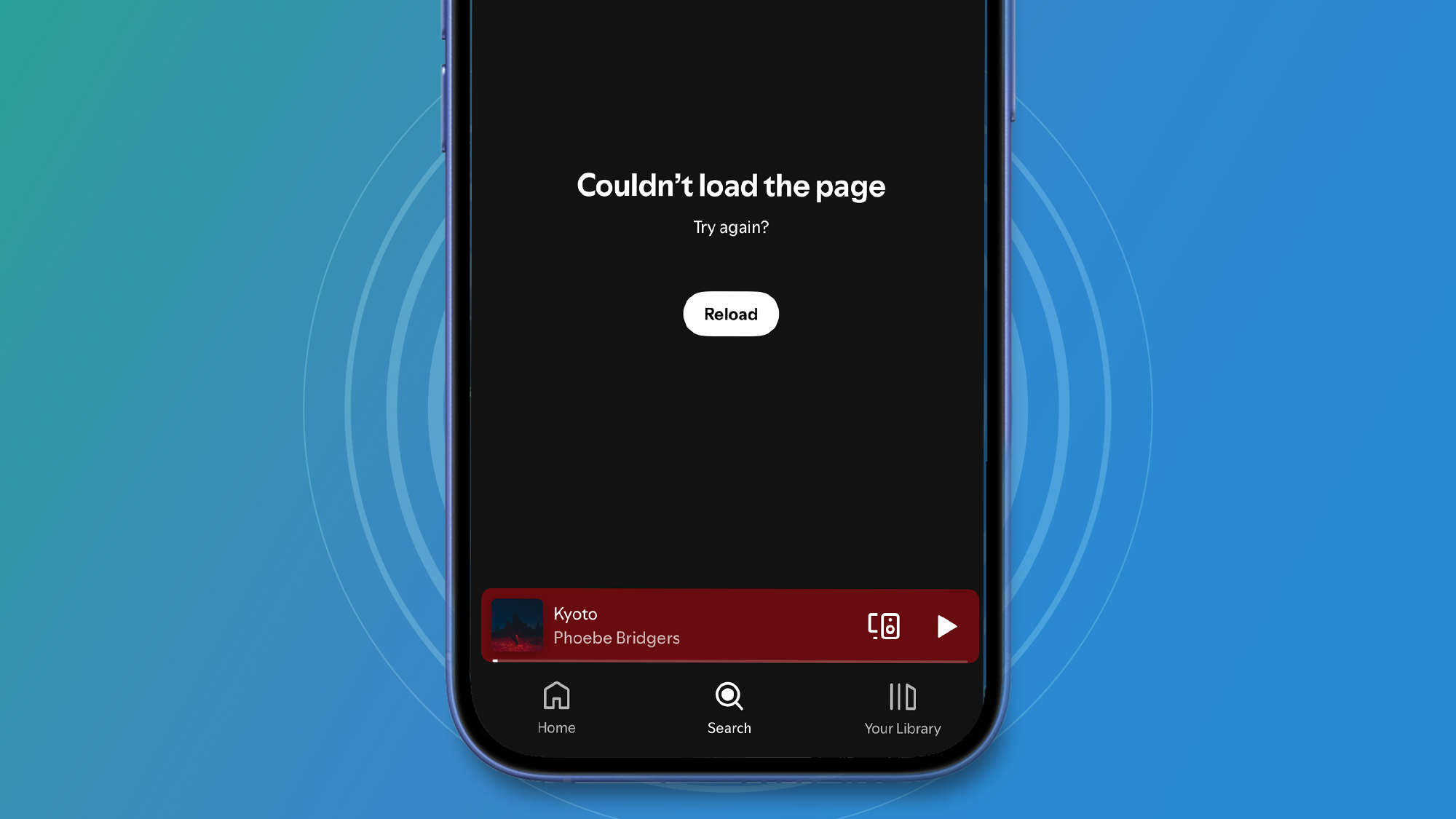 The Spotify app showing an error message on a blue background