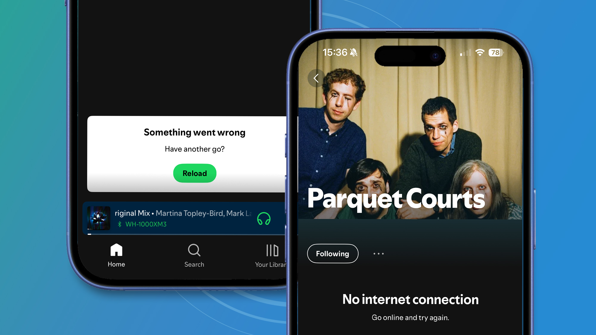 Two iPhones on a blue background showing Spotify error messages