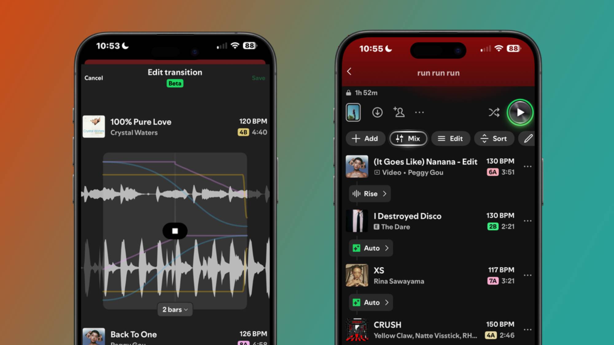A mixed Spotify playlist on an iPhone next to another iPhone showing the in-app mixing software