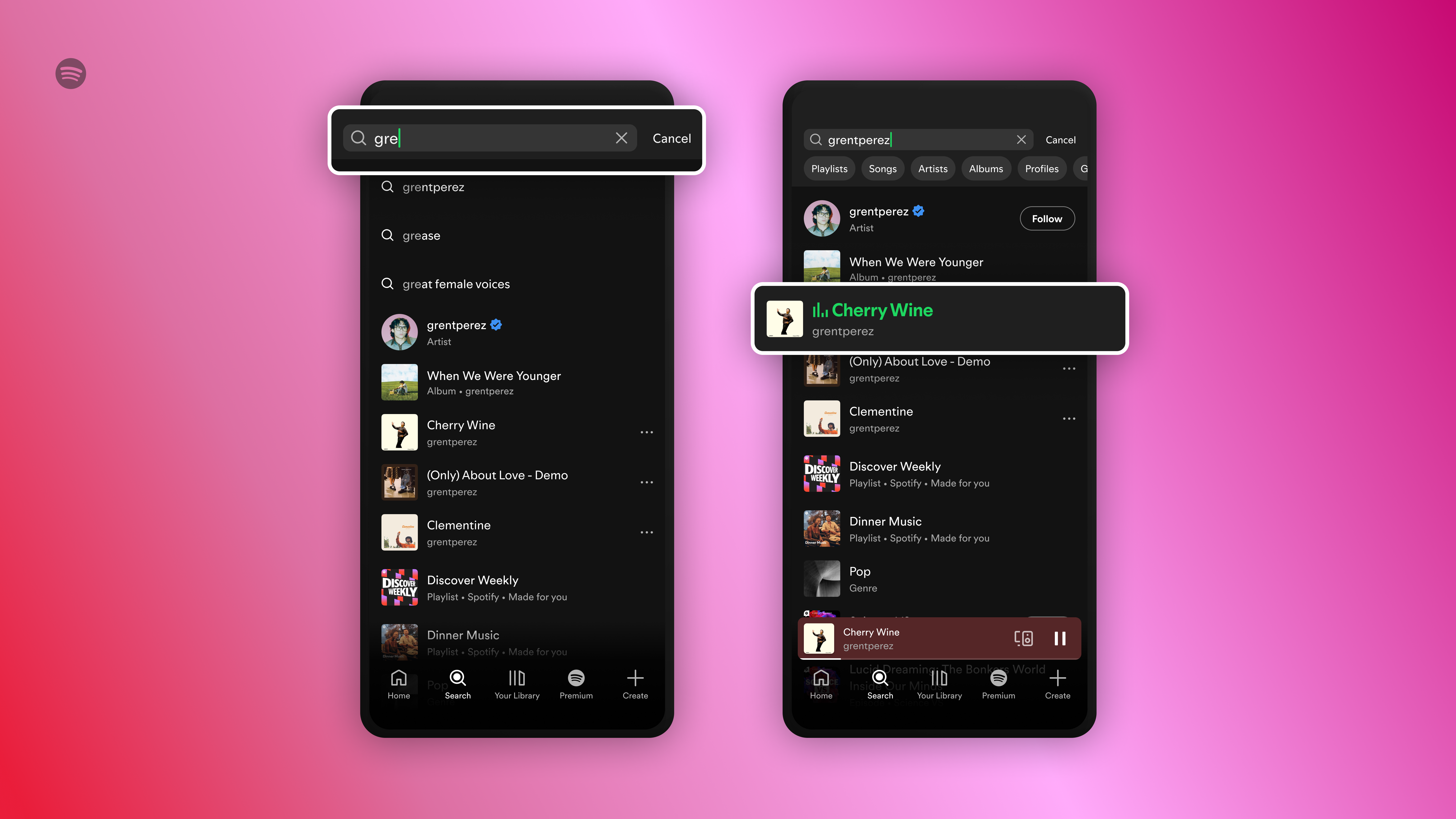 Spotify Free version allowing you to tap on any song you search for
