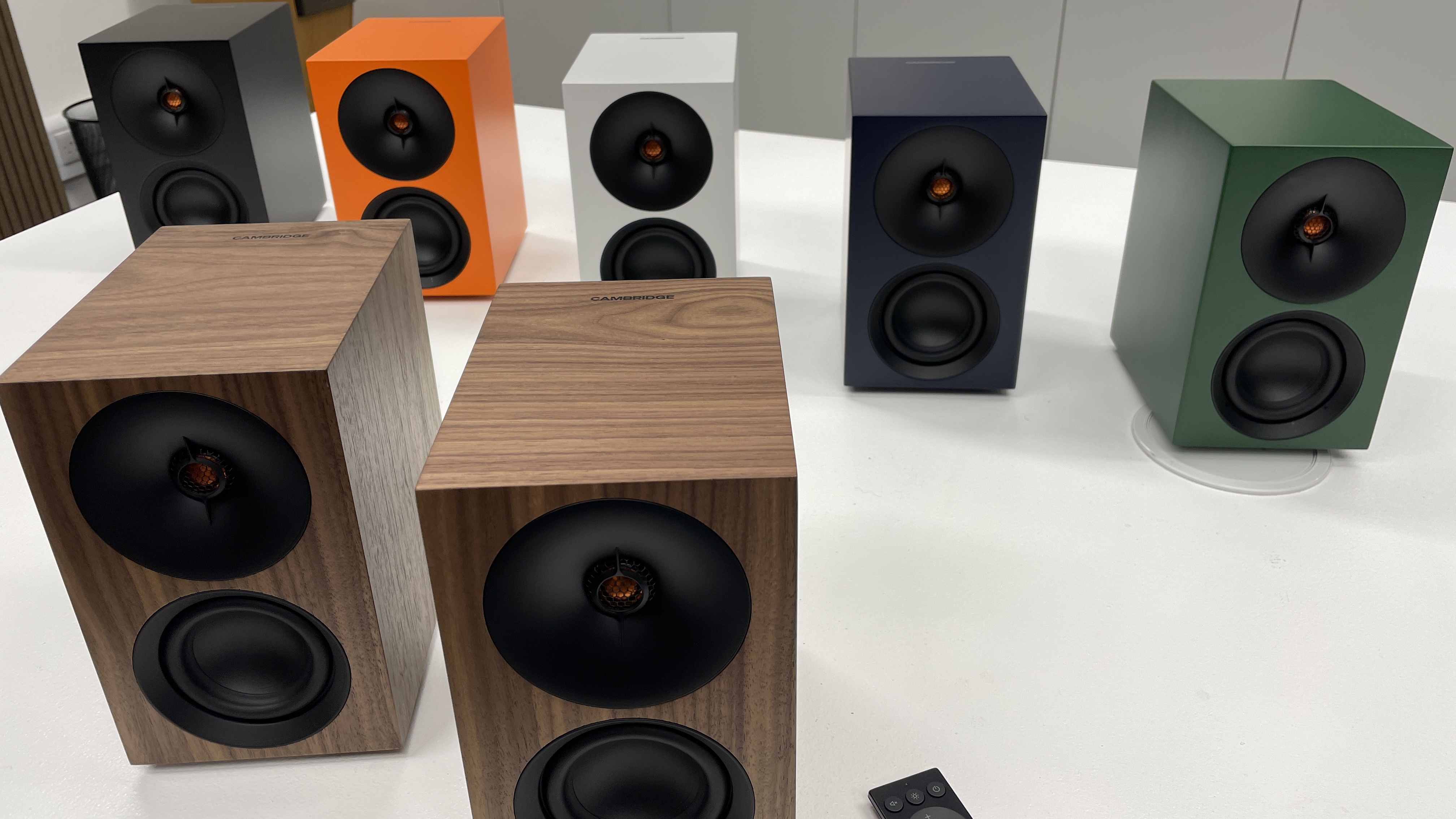 Cambridge's L/R Series in various colors, at Cambridge Audio's Melomania HQ in London, UK