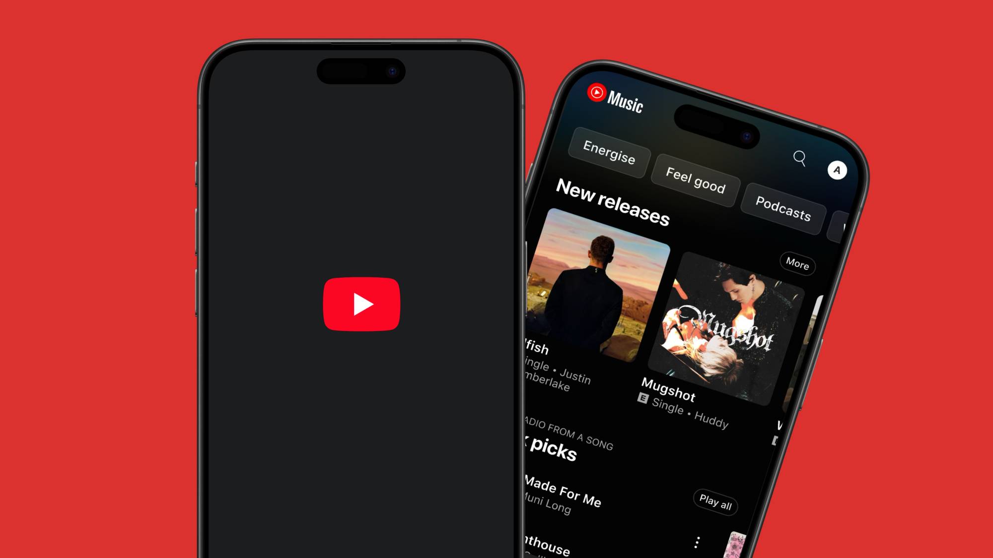 Two iPhones showieng the YouTube logo and the YouTube Music hompage