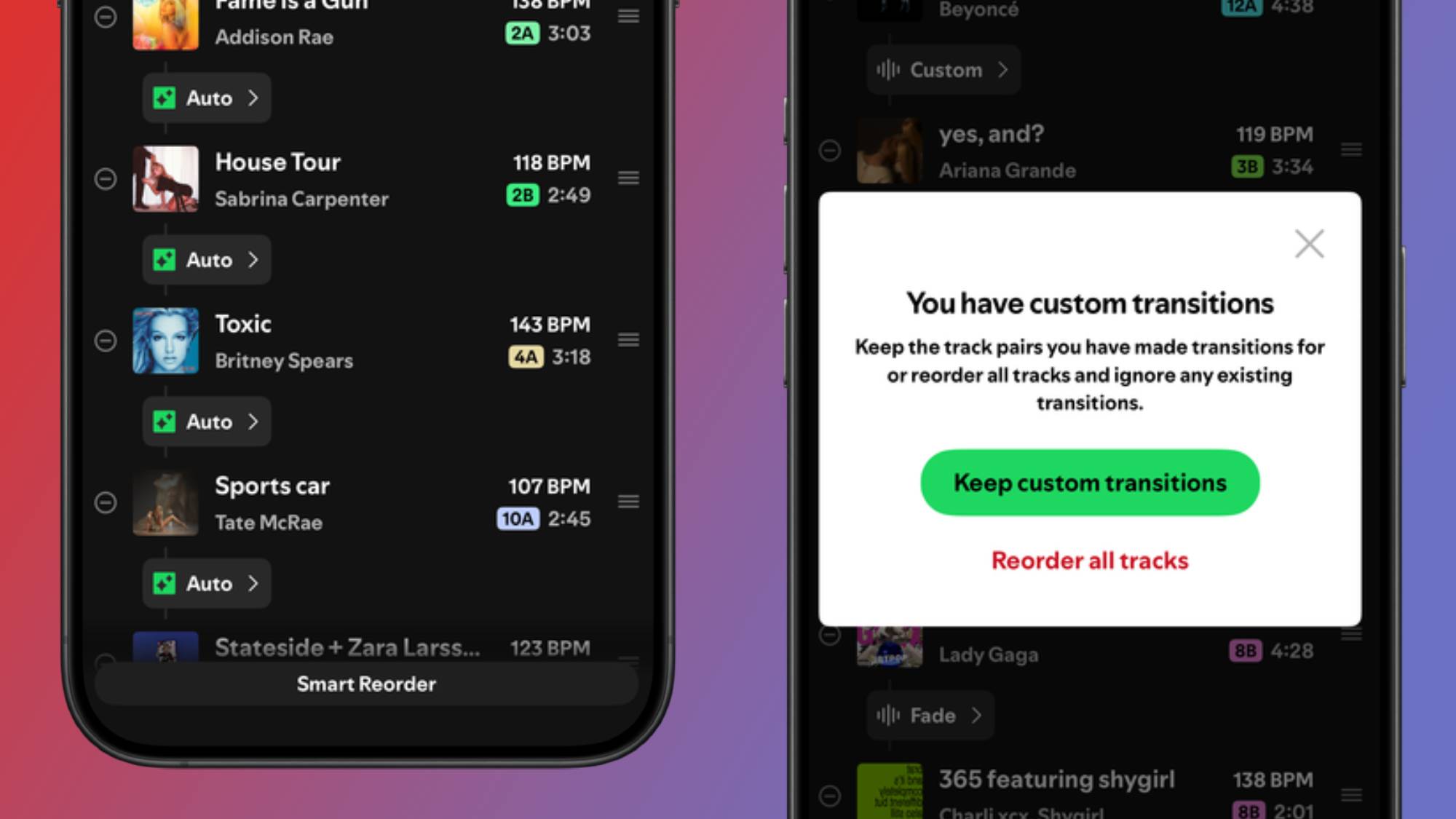 Two smartphones showing Smart Reorder in Spotify